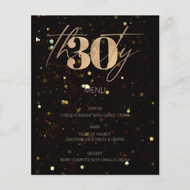 Minimalista Gold 30th Budget Birthday Party Menú (Anverso)