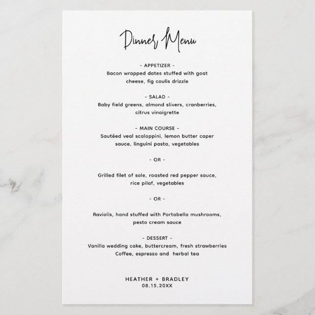 Minimalista menú Boda moderno negro y blanco (Anverso)