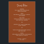 Minimalista menú Boda moderno Terracota<br><div class="desc">Moderno menú boho terracota / boda de cobre con un diseño sencillo con el encabezado en una tipografía de escritura elegante y su menú en una fuente minimalista sans serif. Este menú boda de moda funciona bien con cualquier estilo boda.</div>