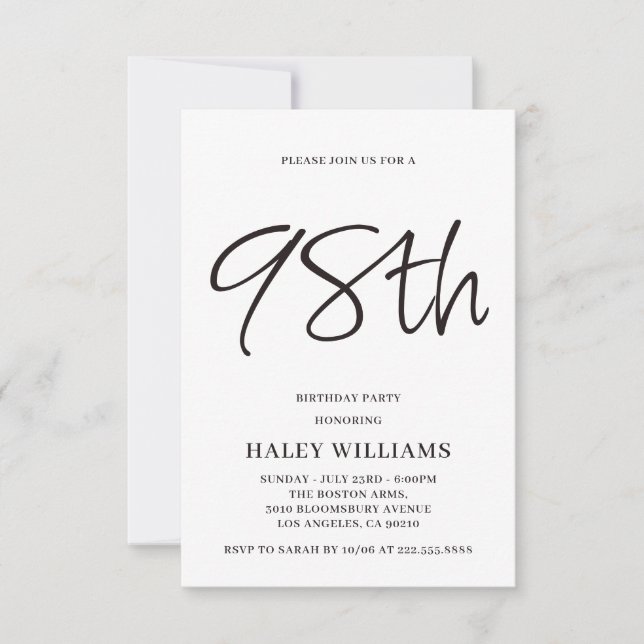 Minimalista Moderno Cumpleaños 98 Invitación Simpl (Anverso)