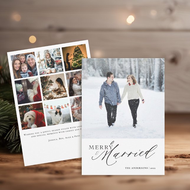 Minimalista moderno primer Navidad con foto casada (1st christmas married card photo collage modern minimalist elegant stylish classy calligraphy)
