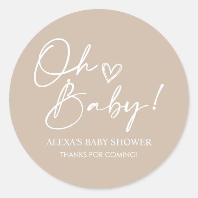 Minimalista Oh Baby Shower Beige Favor Pegatinas (Anverso)