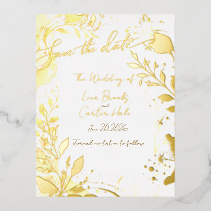 Minimalista tarjeta de aviso de boda con lámina de