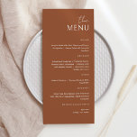 Minimalista Terracota marrón La carta del menú<br><div class="desc">Boda sencilla y elegante, menú Fiesta o aniversario. Un diseño elegante en Terracota blanca y marrón o cualquier color de fondo que elijas. Simplemente haga clic en el enlace personalizar adicional, que se muestra bajo el área de personalización de texto a la derecha, y elija el fondo de color personalizado....</div>