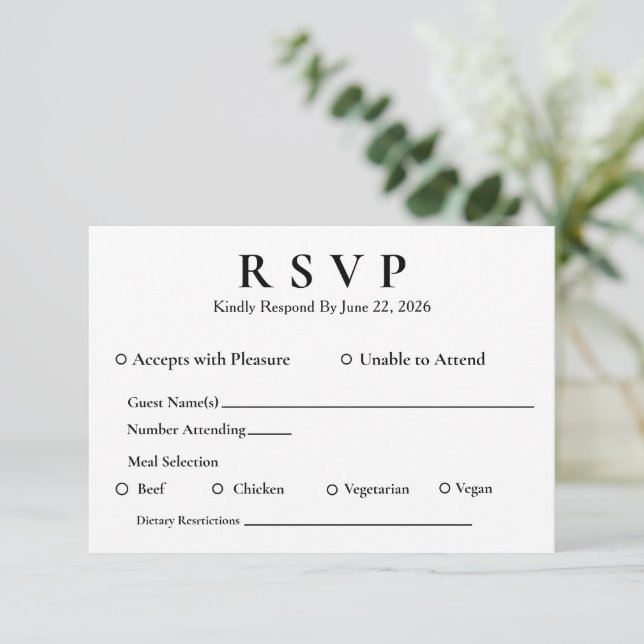 Mínimo Elegante RSVP Blanco con Entradas (Anverso de pie)