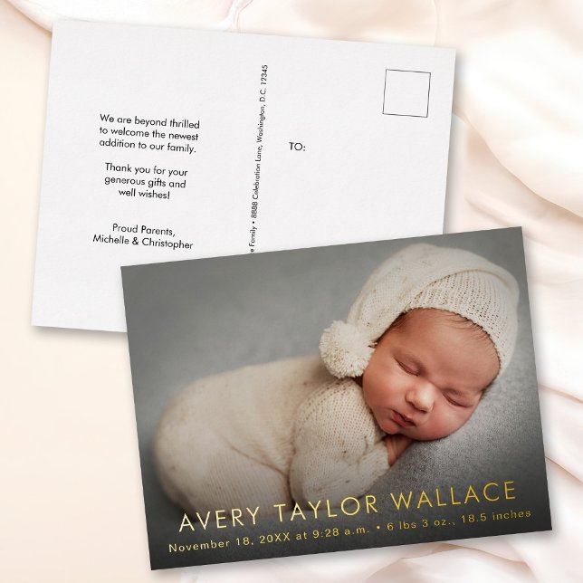 Mínimo foto bebé anuncio de nacimiento gracias (Minimal modern baby photo gold foil birth announcement thank you cards.)