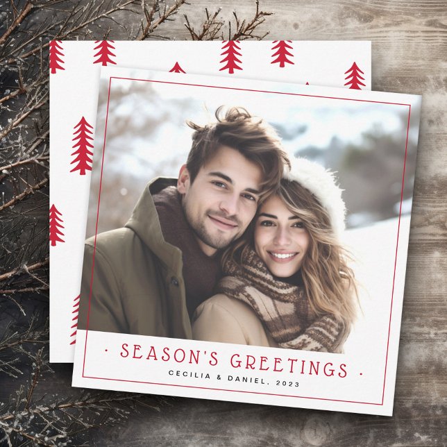 Mínimo, lindos árboles de Navidad foto blanca roja (Minimal cute Christmas trees photo red white Holiday Card)