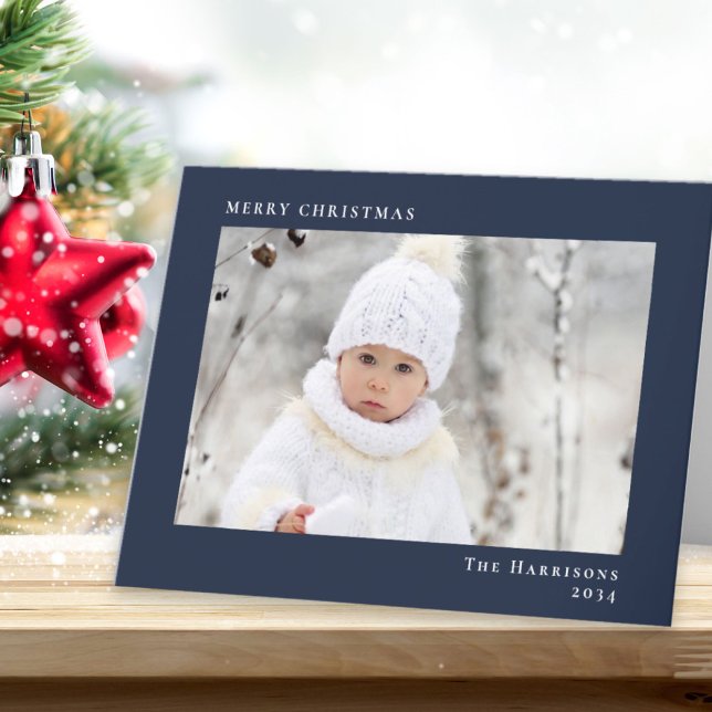 Mínimo moderno Feliz Navidad Azul foto (Share the love and warmth of the season with your personalized photo Christmas card)