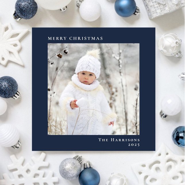 Mínimo Moderno Feliz Navidad Foto Azul (Share the love and warmth of the season with your personalized photo Christmas card)