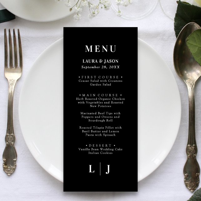 Mínimo y Chic | Menú de Boda en Blanco y Negro (Minimal black and white wedding menu adds personalized chic style to your reception.)