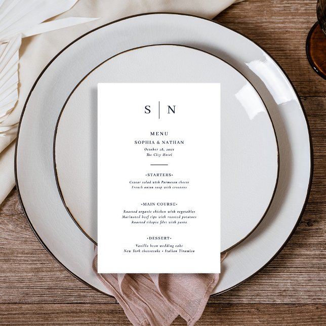 Mínimo y Moda | Menú Boda blanco y naval (A modern and minimalist wedding menu, with dark navy blue text on white)