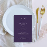 Mínimo y Moda | Menú Boda púrpura<br><div class="desc">Estas elegantes y modernas tarjetas de menú boda o de menú para la cena presentan un sencillo diseño de texto en color morado y blanco que rebosa de estilo minimalista. Añada sus iniciales o su monograma para hacerlas completamente propias.</div>