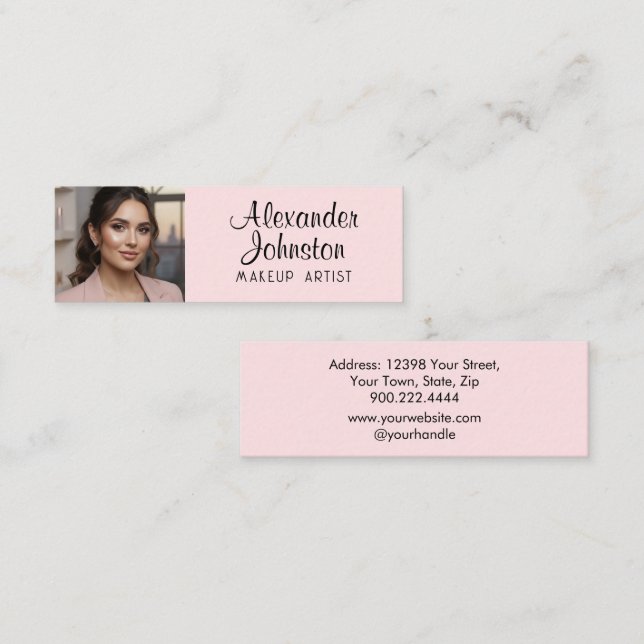 Minitarjeta De Visita Blush Pink Black Script Photo Makeup Business Card (Anverso / Reverso)