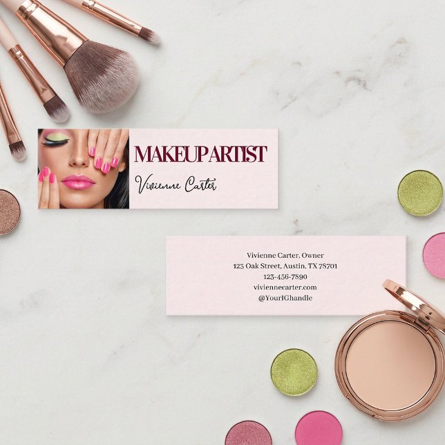 Minitarjeta De Visita Blush Pink Black Script Photo Makeup Mini (Makeup Artist Blush Pink Business Card with Photo)