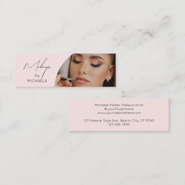 Minitarjeta De Visita Blush Pink Black Script Photo Makeup Modern (Anverso / Reverso)