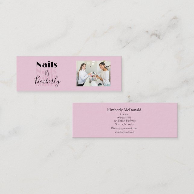 Minitarjeta De Visita Blush Pink Black Script Photo Nail Salon (Anverso / Reverso)
