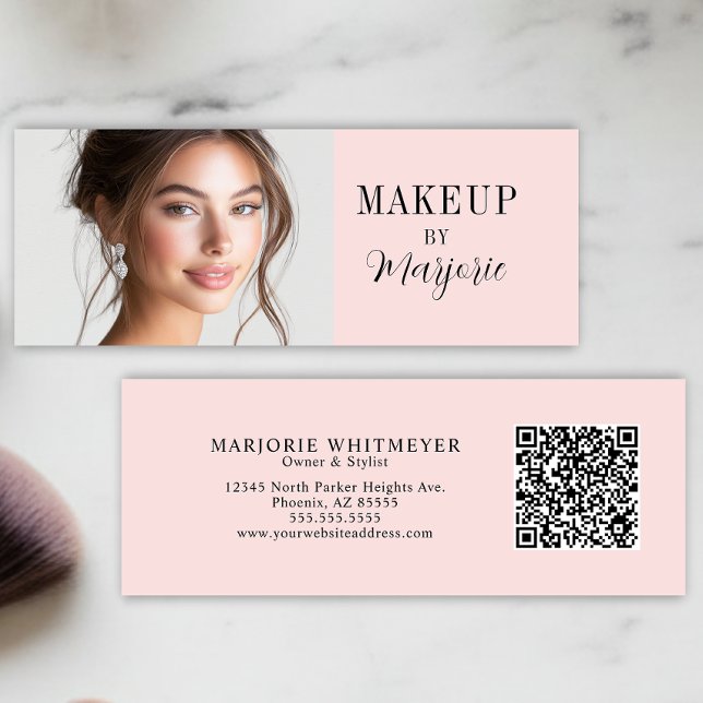 Minitarjeta De Visita Blush Pink Black Script Photo QR Code Makeup (modern black blush pink script photo qr code makeup mini business card elegant)