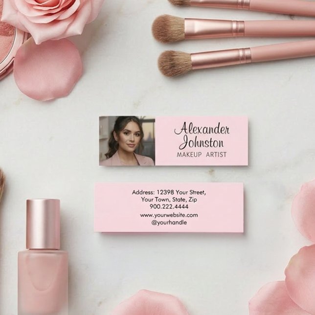 Minitarjeta De Visita Blush Rosa Negro Script Foto Maquillaje MIni (Blush Pink Black Script Photo Makeup Business Card)