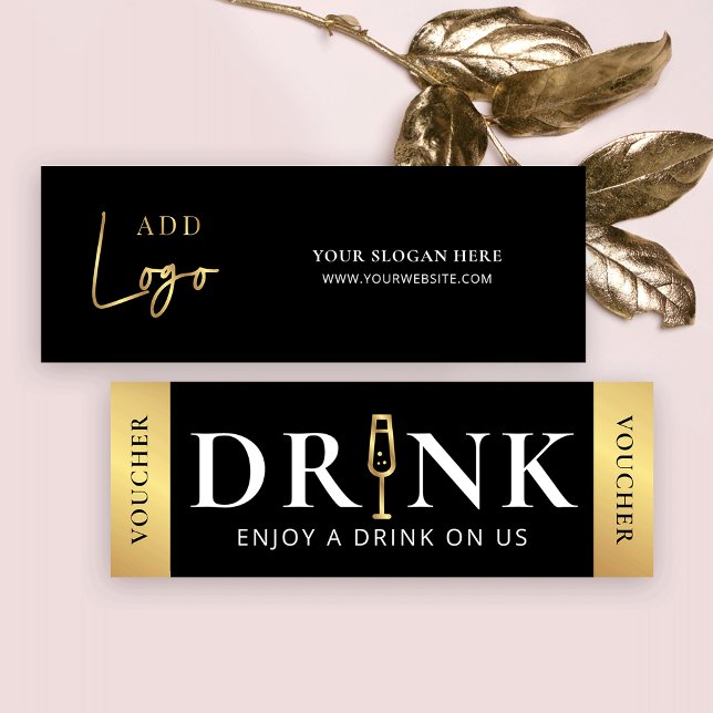 Minitarjeta De Visita Bolsa de bebidas con logotipo negro y oro para eve (Luxurious black and gold drink voucher cards with space for your logo and custom text)