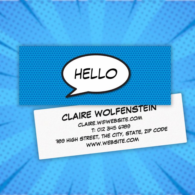 Minitarjeta De Visita Burbuja de texto divertida azul HELLO Cómic (HELLO Speech Bubble Fun Blue Comic Book Mini Business Card)