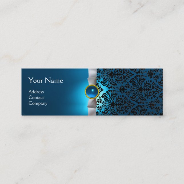 Minitarjeta De Visita DAMASK MONOGRAM cinta de gema azul blanco (Anverso)
