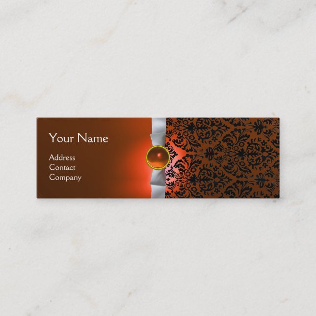 Minitarjeta De Visita DAMASK MONOGRAM cinta de gema naranja blanco (Anverso)