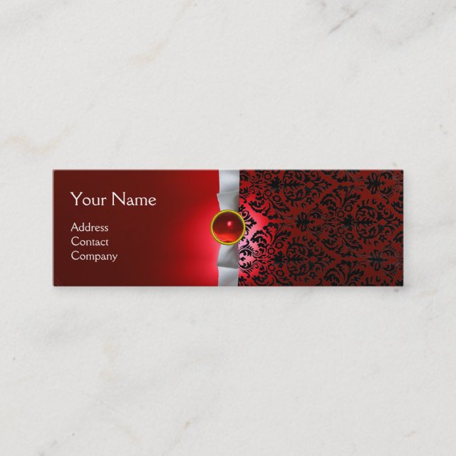 Minitarjeta De Visita DAMASK MONOGRAM cinta de gema rojo blanco (Anverso)