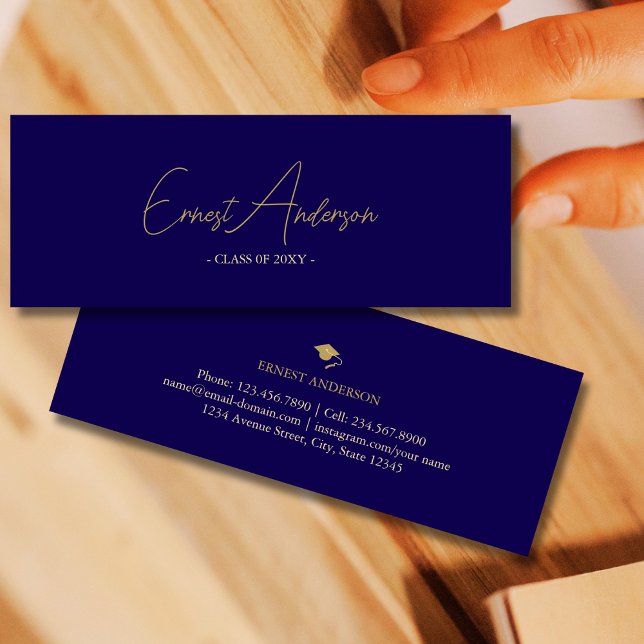 Minitarjeta De Visita Dark Blue Gold Modern Elegant Graduation Name Card (Subido por el creador)