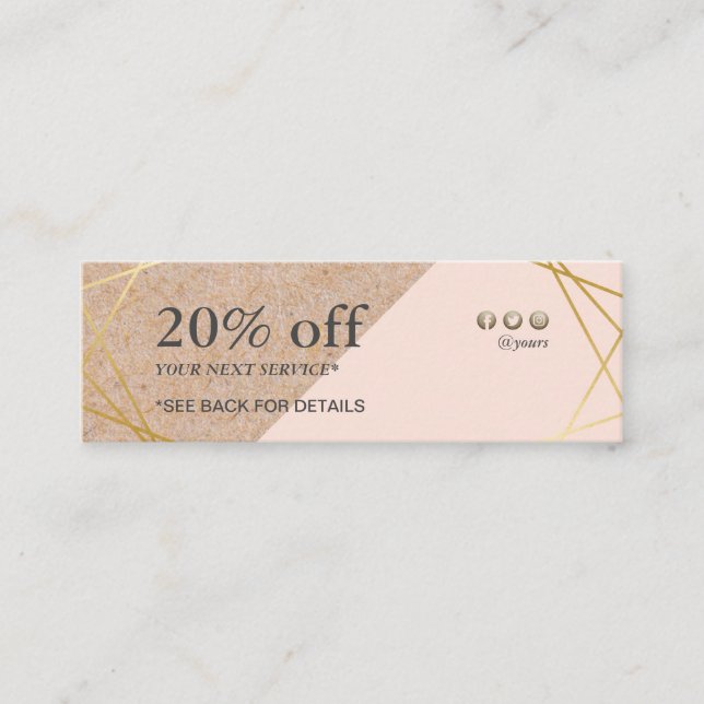 Minitarjeta De Visita Descuento rosa Pastel con Kraft de oro geométrico  (Anverso)