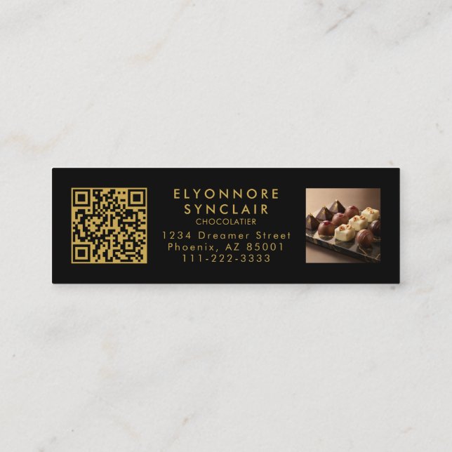 Minitarjeta De Visita Elegant Black Gold Script Chocolatier Qr Code (Reverso)