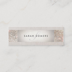 Minitarjeta De Visita Elegante Beige rayado, FAUX Silver Sequin Monogram