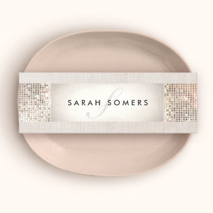 Minitarjeta De Visita Elegante Beige rayado, FAUX Silver Sequin Monogram