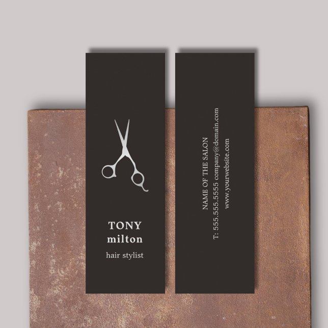 Minitarjeta De Visita Elegante Black Faux Silver Scissors Hairstylist (Subido por el creador)