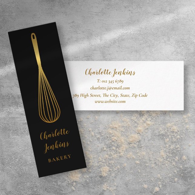 Minitarjeta De Visita Elegante chef pastelero Black Gold Whisk (Elegant Black Gold Whisk Patisserie Chef Mini Business Card)