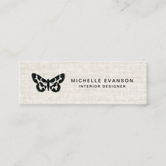 Minitarjeta De Visita Elegante logo de la mariposa negra Tan Linen Look (Anverso)