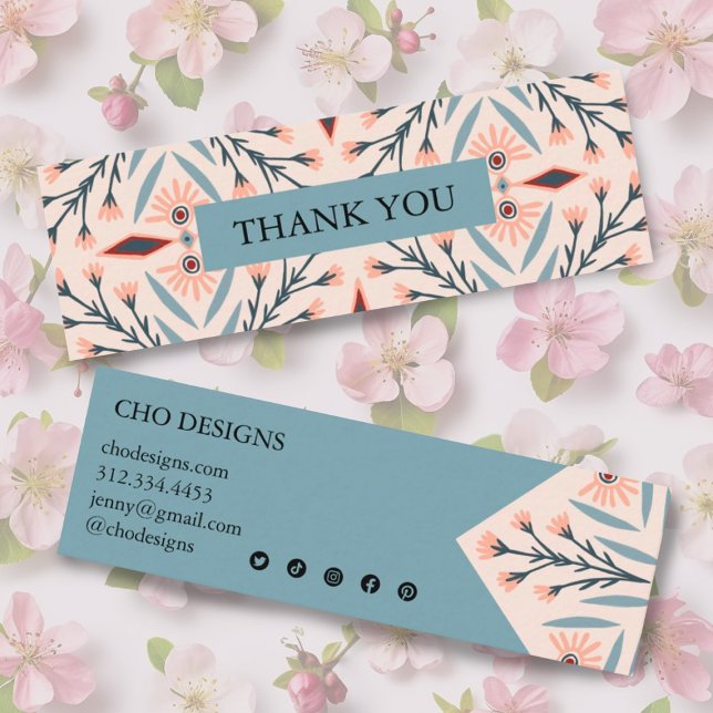 Minitarjeta De Visita Elegantes Baldosas Florales Geométricas Rosa Graci (Pretty pink and blue mini thank you for your order business cards. Social media icons)