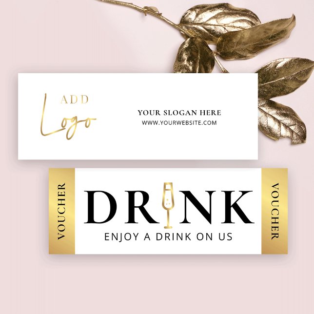 Minitarjeta De Visita Evento de negocios Elegante Boletín de bebidas con (Elegant white and gold free drinks bar voucher with space for your custom text, name or logo)
