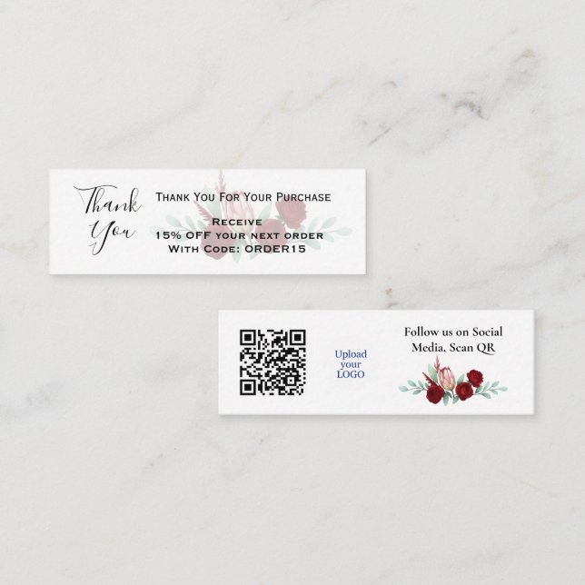 Minitarjeta De Visita Gracias Código de descuento floral QR Insertar (Anverso / Reverso)