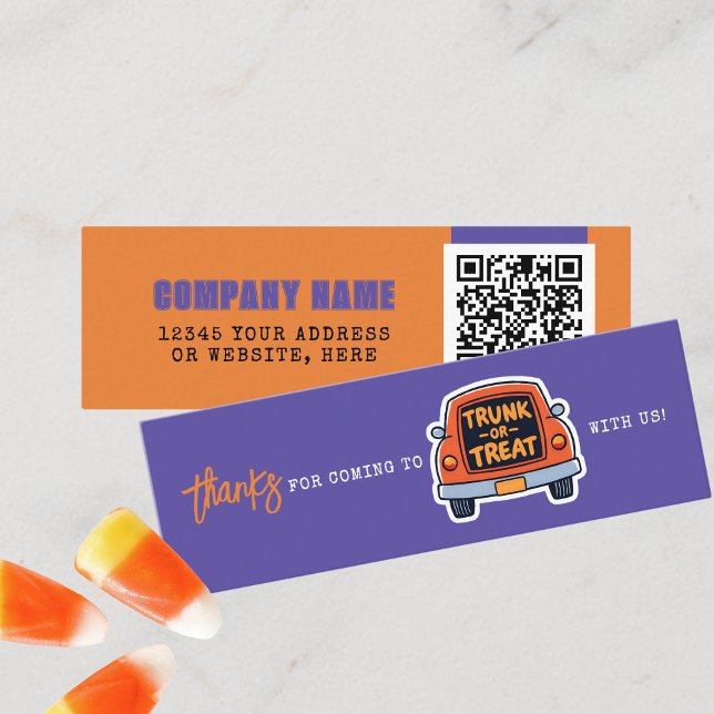 Minitarjeta De Visita Gracias por malear o tratar Halloween púrpura (Mini Halloween Trunk or Treat Business QR Thank You Cards in Purple, Orange, Black and White)
