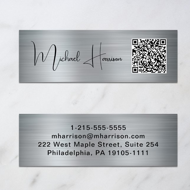 Minitarjeta De Visita Guión de firma de código QR moderno plateado (Capture attention, make connections, and leave a lasting impression with our QR code business card)
