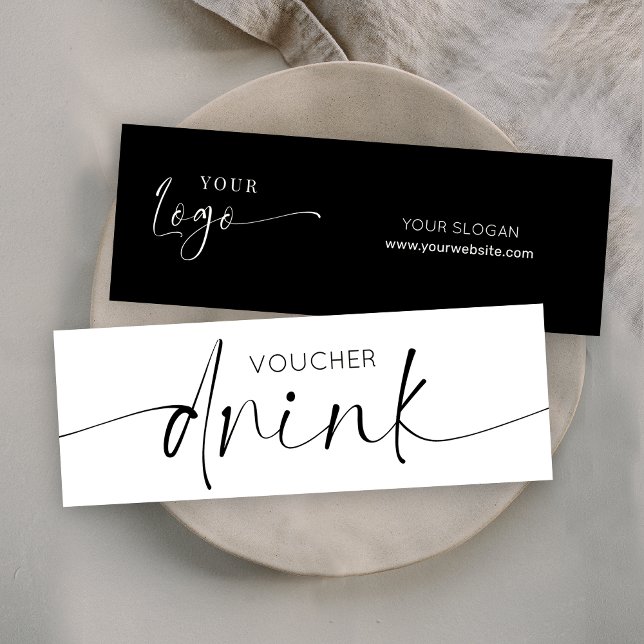 Minitarjeta De Visita Logotipo minimalista Evento comercial Bebida grati (Elegant event drink bar voucher in black and white with calligraphy scrip and space for your logo)