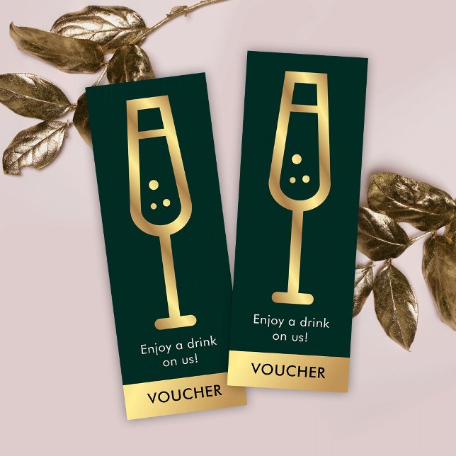 Minitarjeta De Visita Logotipo verde y dorado Elegante evento Bebida gra (Green and gold free drink voucher tickets with space for your logo and brand details)