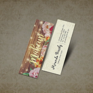 Minitarjeta De Visita Madera Floral String Lights Gold Script Makeup Sal