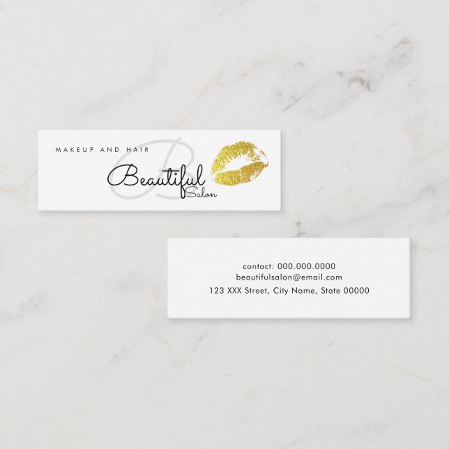 Minitarjeta De Visita Maquillaje / Salón de belleza monograma con labios (Anverso / Reverso)