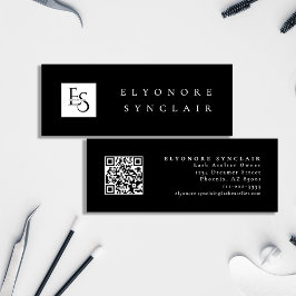 Minitarjeta De Visita Minimal Black White Script Lash Logo Qr Code