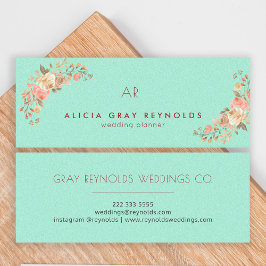 Minitarjeta De Visita Mint Green Monogram Elegant Floral Wedner Planner