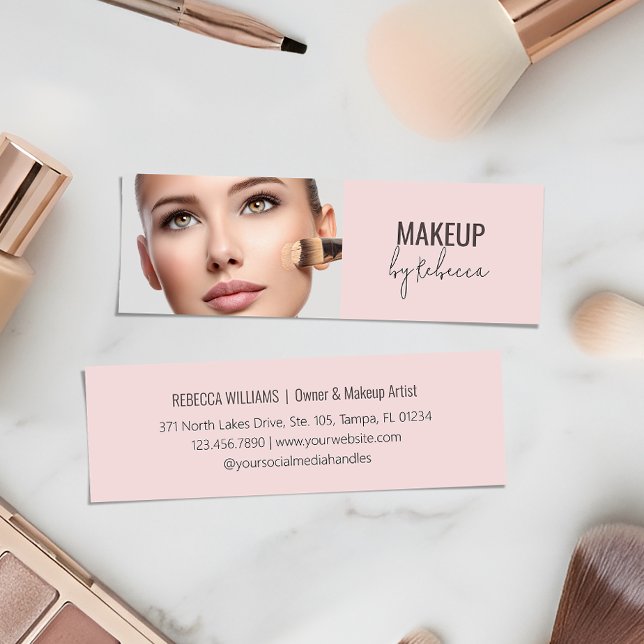 Minitarjeta De Visita Modern Blush Pink Script Font Makeup Artist Photo (Modern blush pink slim makeup artist business card with photo)