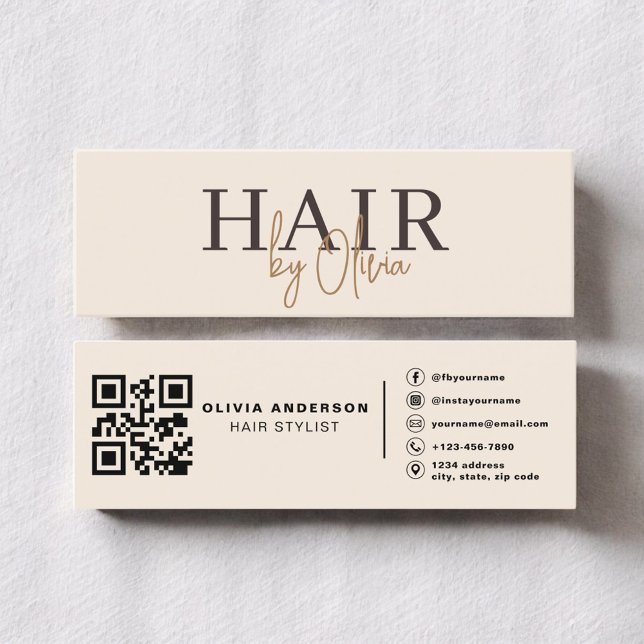 Minitarjeta De Visita Modern Neutral Beige QR Code Hair Stylist (Subido por el creador)