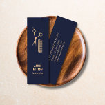Minitarjeta De Visita Moderna y elegante combinación de tijera de oro de<br><div class="desc">Elegante plantilla de tarjeta de visita de personalizable con fondo azul oscuro y un icono de fusión y peine de oro FAUX. Perfecto para peluquería,  salón de belleza.</div>