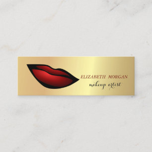 Minitarjeta De Visita Moderno Chic Dorado, Labios Rojos, Artista de Maqu